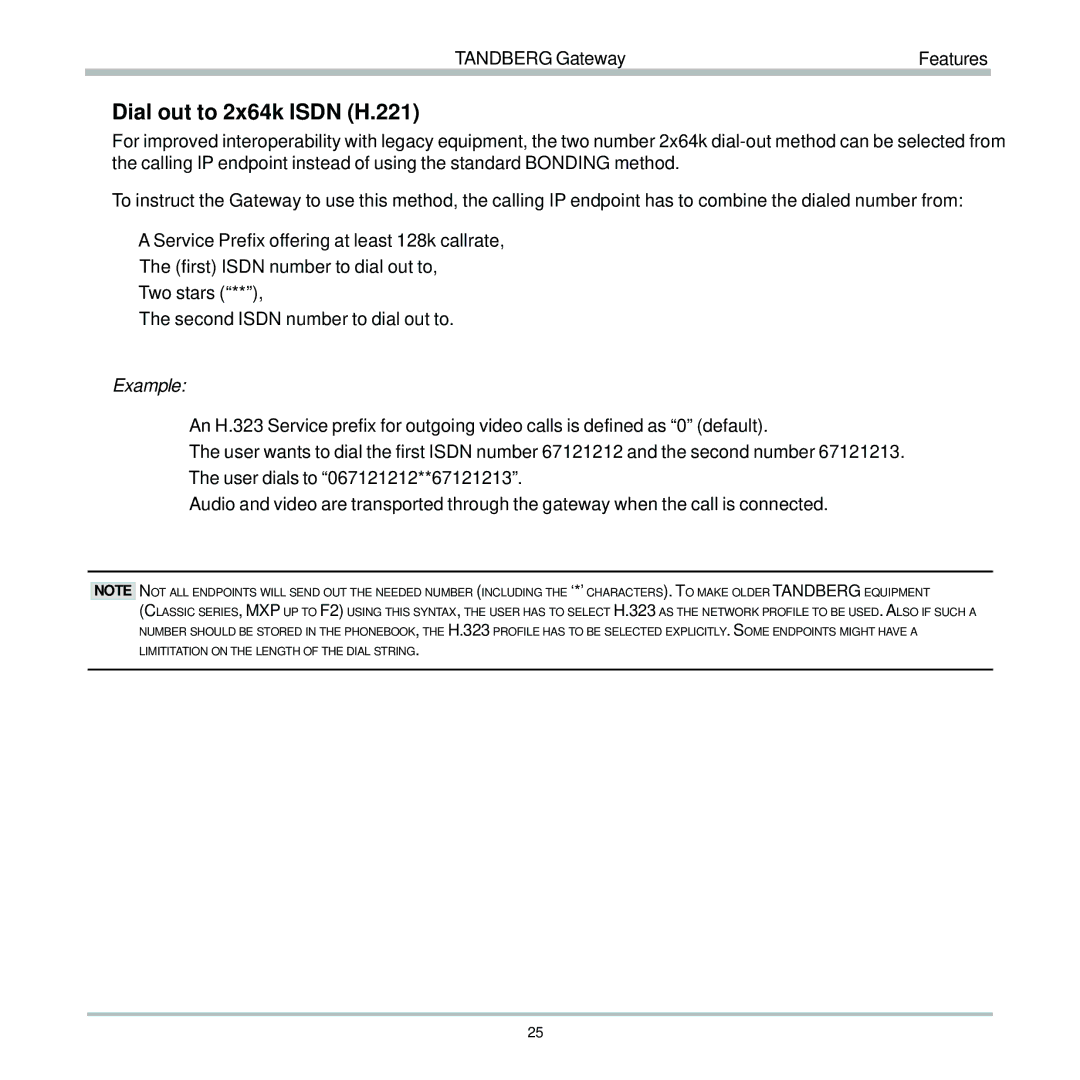 TANDBERG D13187-03 user manual Dial out to 2x64k Isdn H.221 