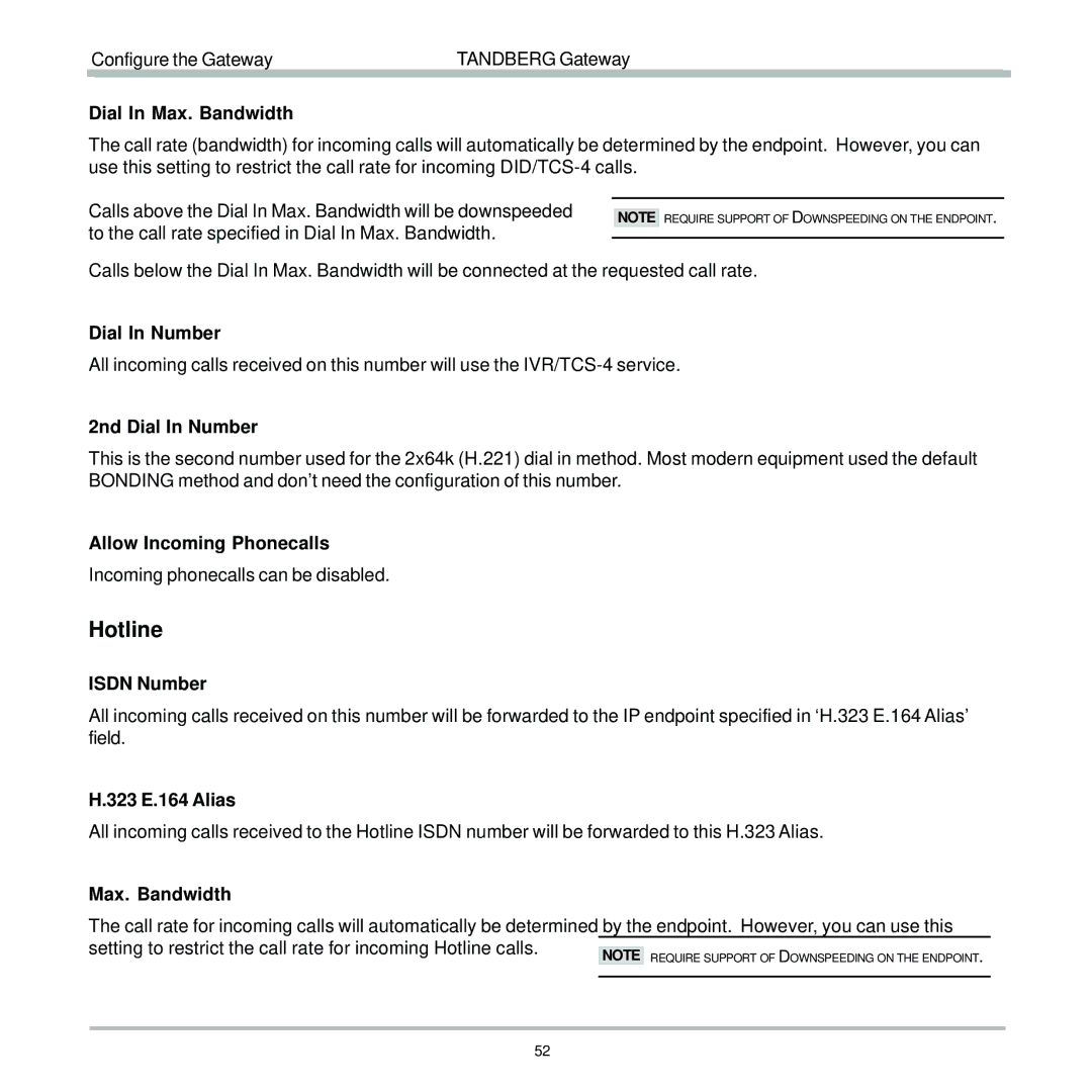 TANDBERG D13187-03 Dial In Max. Bandwidth, 2nd Dial In Number, Allow Incoming Phonecalls, Isdn Number, 323 E.164 Alias 