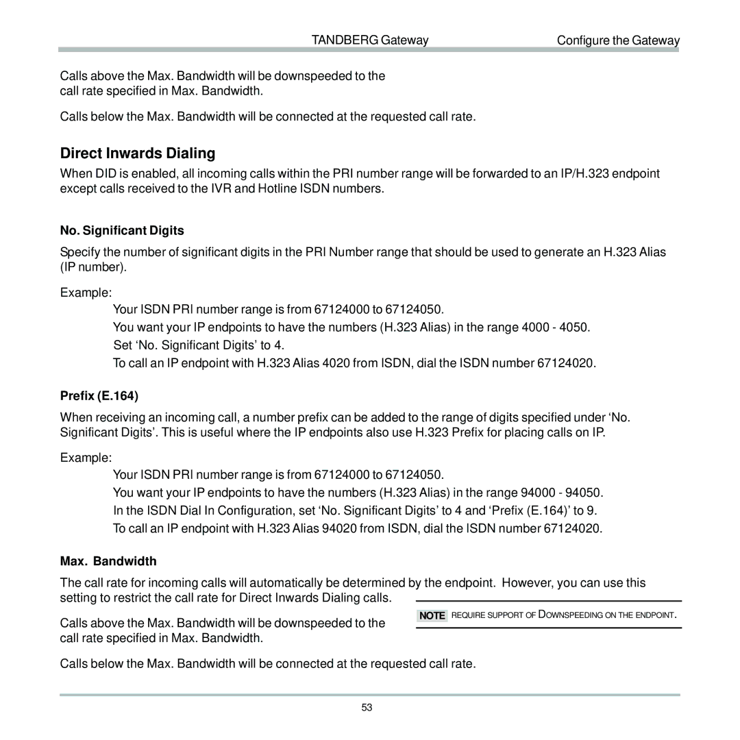 TANDBERG D13187-03 user manual Direct Inwards Dialing, No. Significant Digits, Prefix E.164 