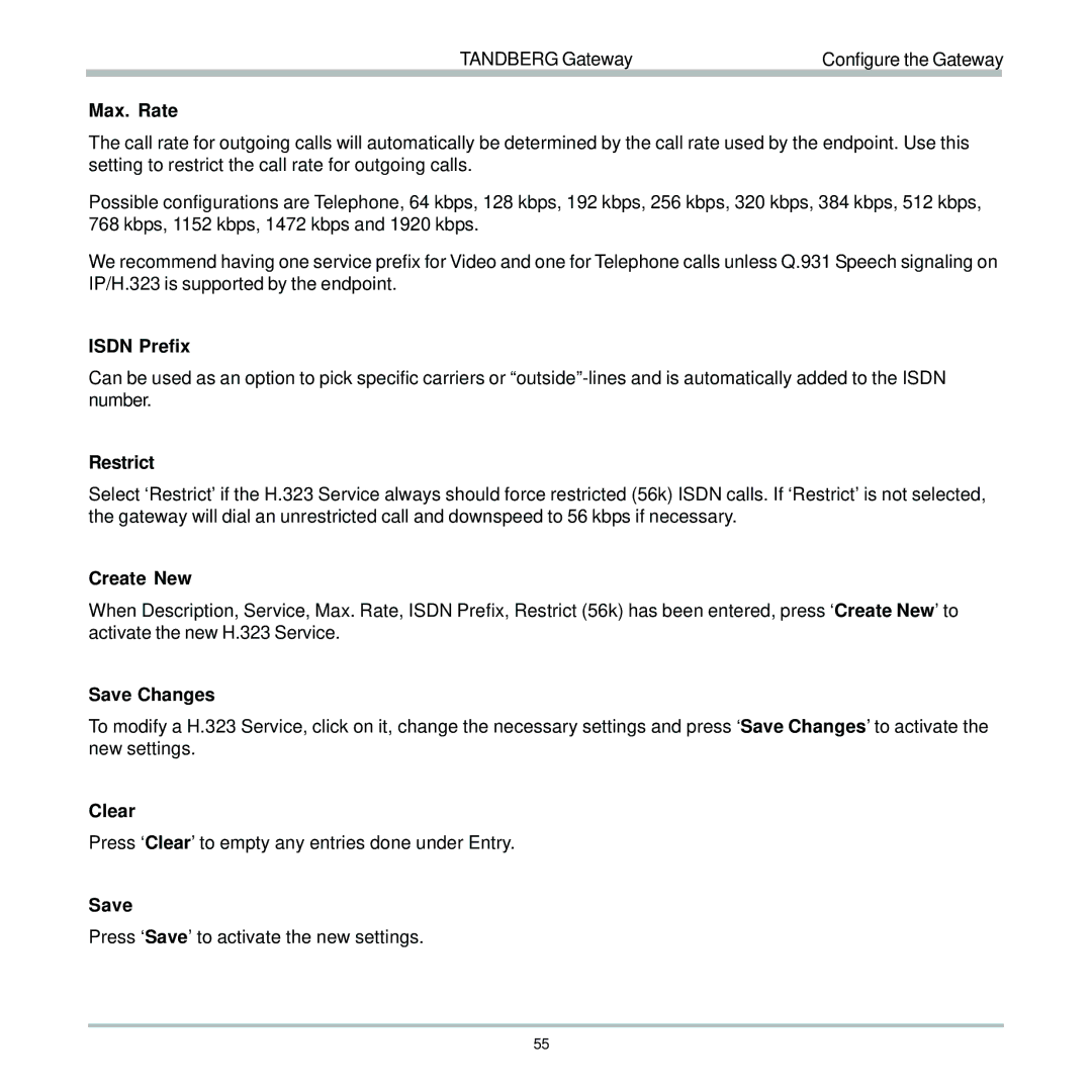 TANDBERG D13187-03 user manual Max. Rate, Isdn Prefix, Restrict, Save Changes, Clear 