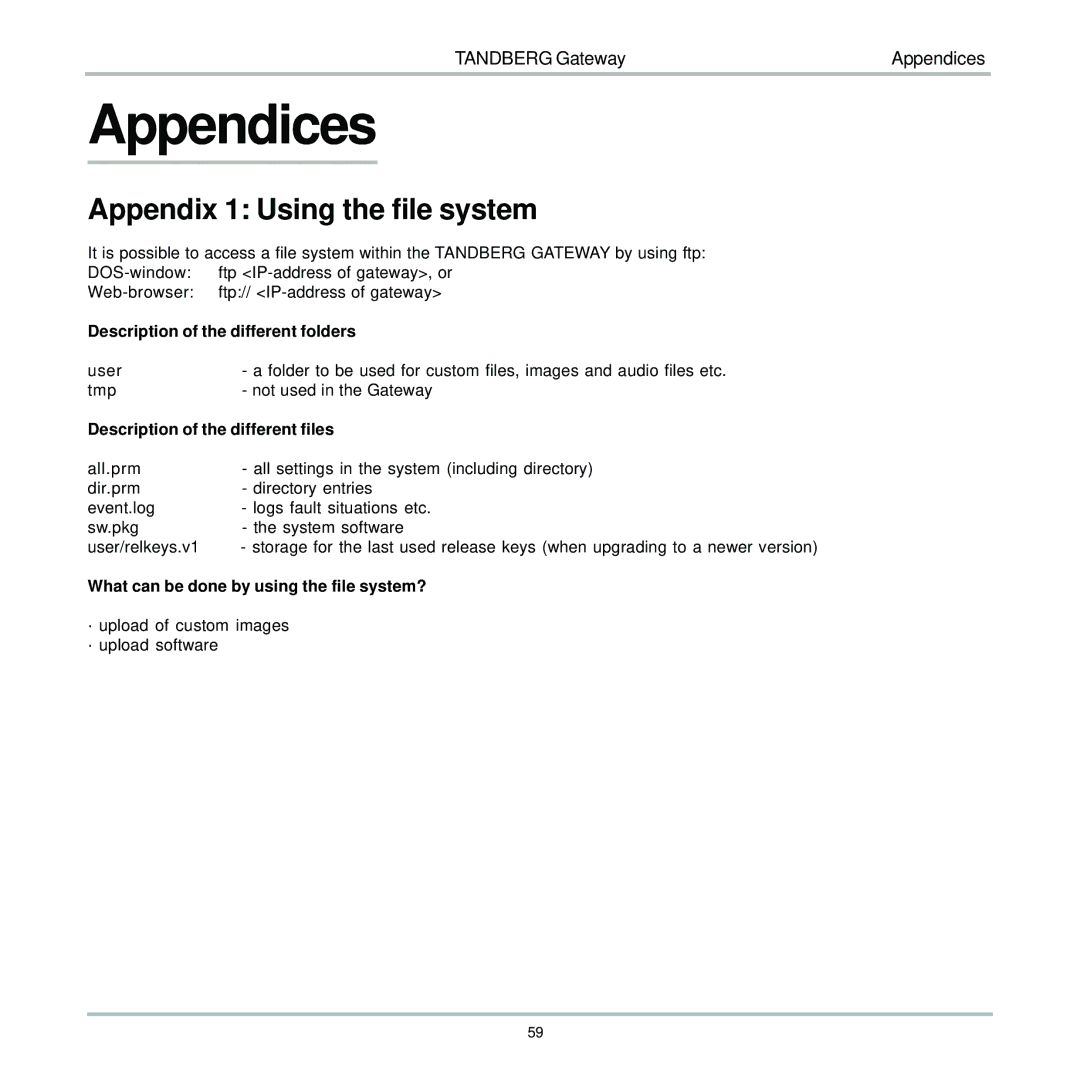 TANDBERG D13187-03 user manual Appendices, Appendix 1 Using the file system 