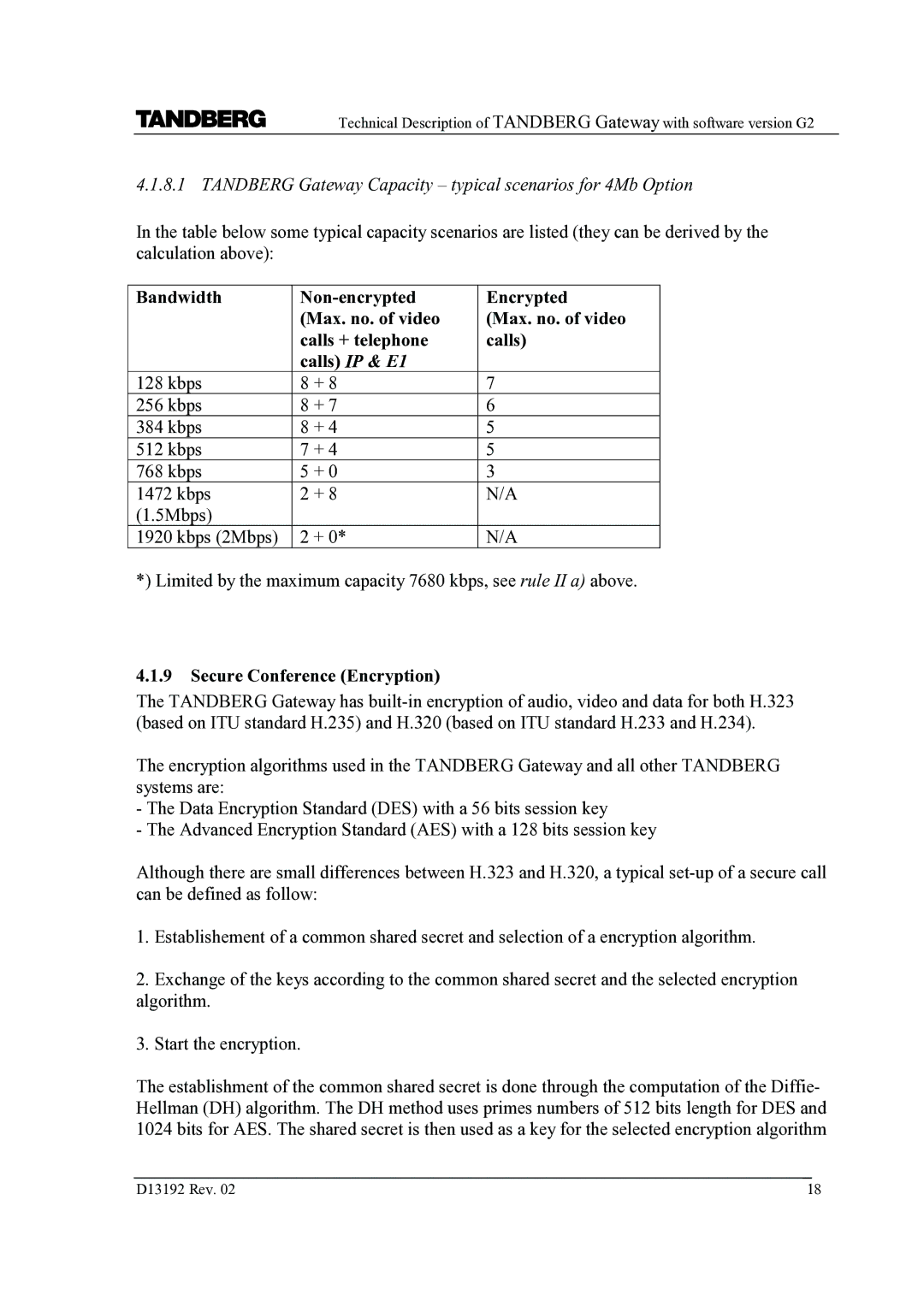 TANDBERG D13192 manual Tandberg Gateway Capacity typical scenarios for 4Mb Option, Secure Conference Encryption 