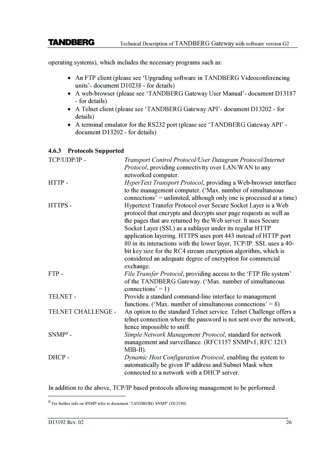 TANDBERG D13192 manual Protocols Supported, Transport Control Protocol/User Datagram Protocol/Internet 