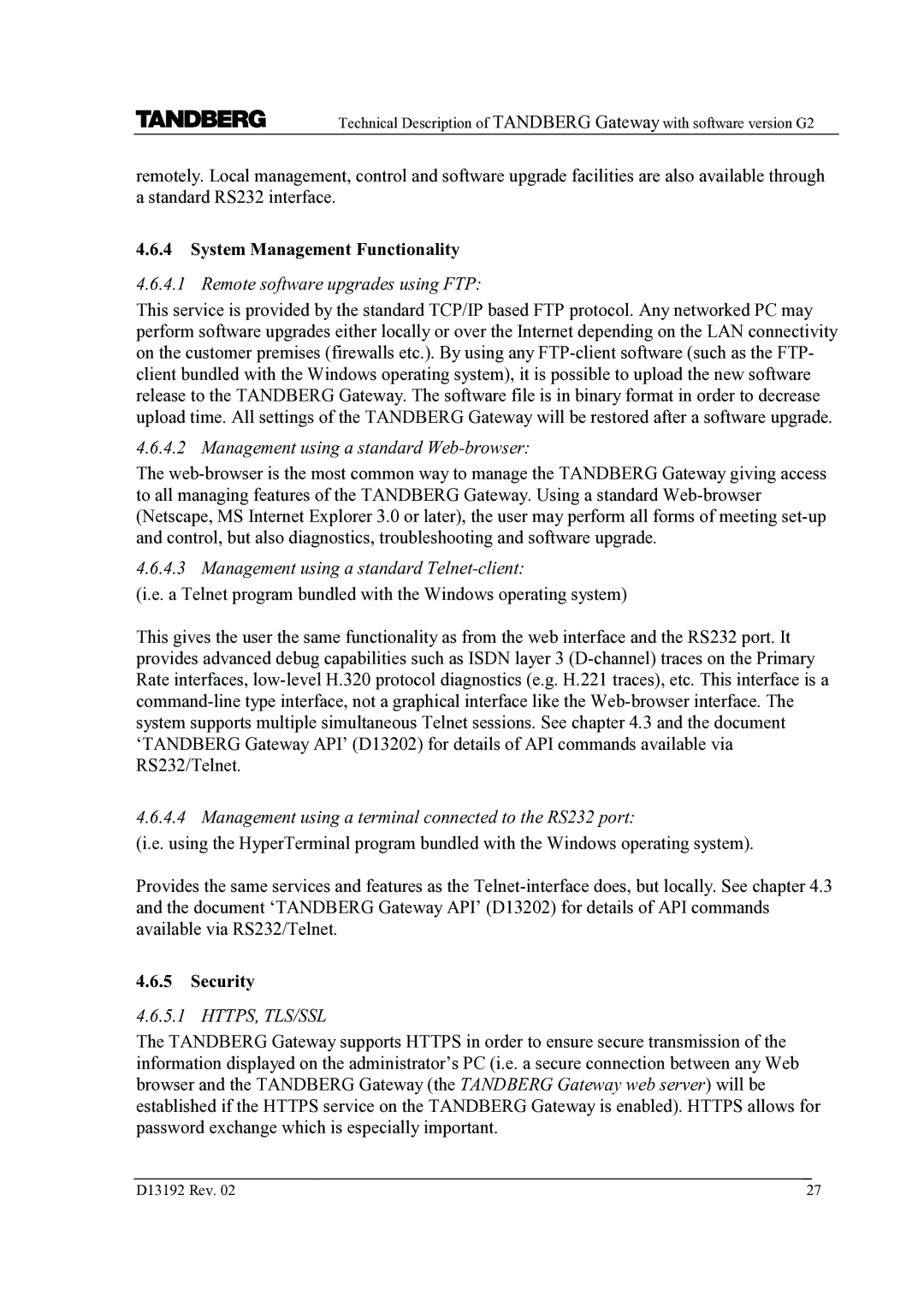 TANDBERG D13192 manual System Management Functionality, Security 