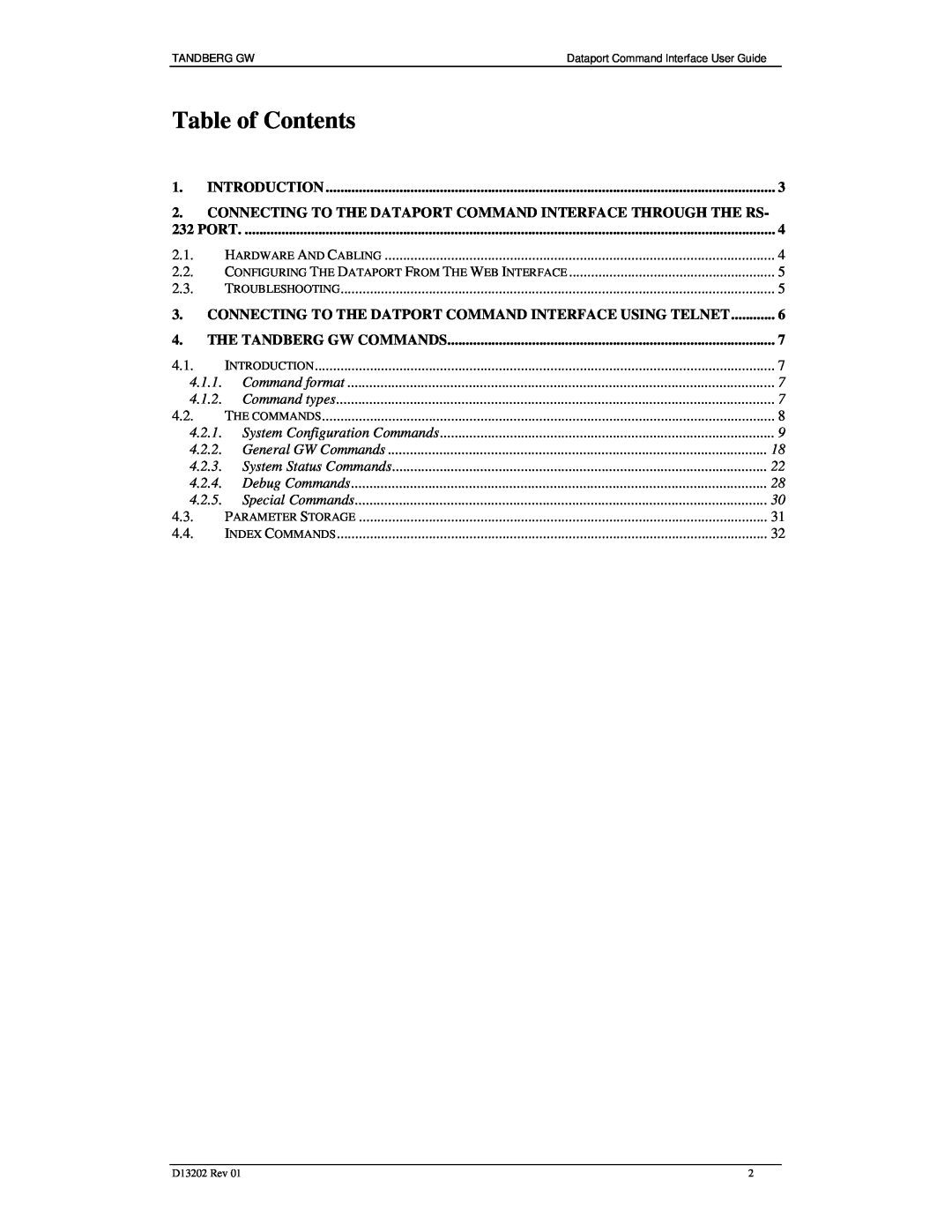 TANDBERG D13202 manual Table of Contents, Introduction, Connecting To The Dataport Command Interface Through The Rs, Port 