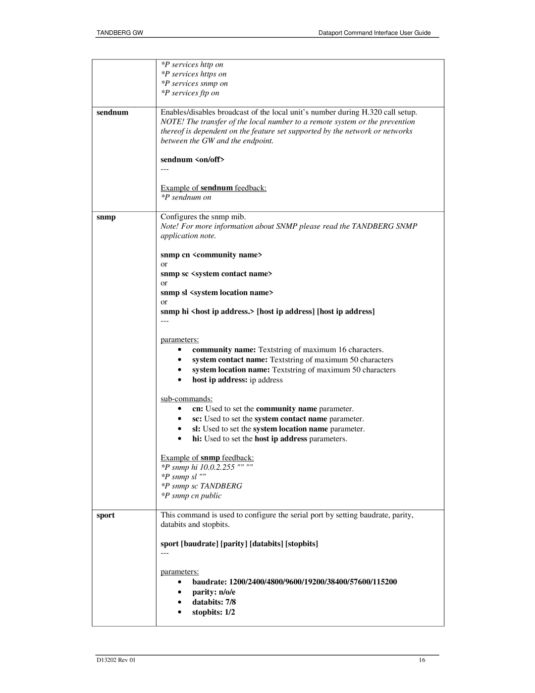 TANDBERG D13202 manual Sendnum on/off, Snmp, Host ip address ip address, Sport baudrate parity databits stopbits 