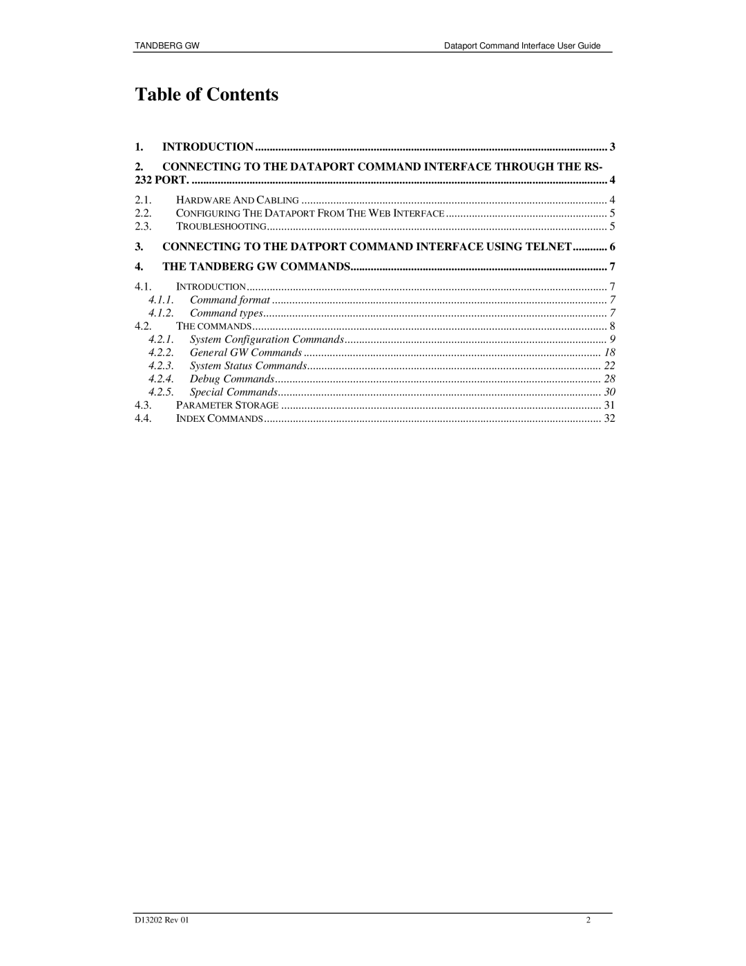 TANDBERG D13202 manual Table of Contents 