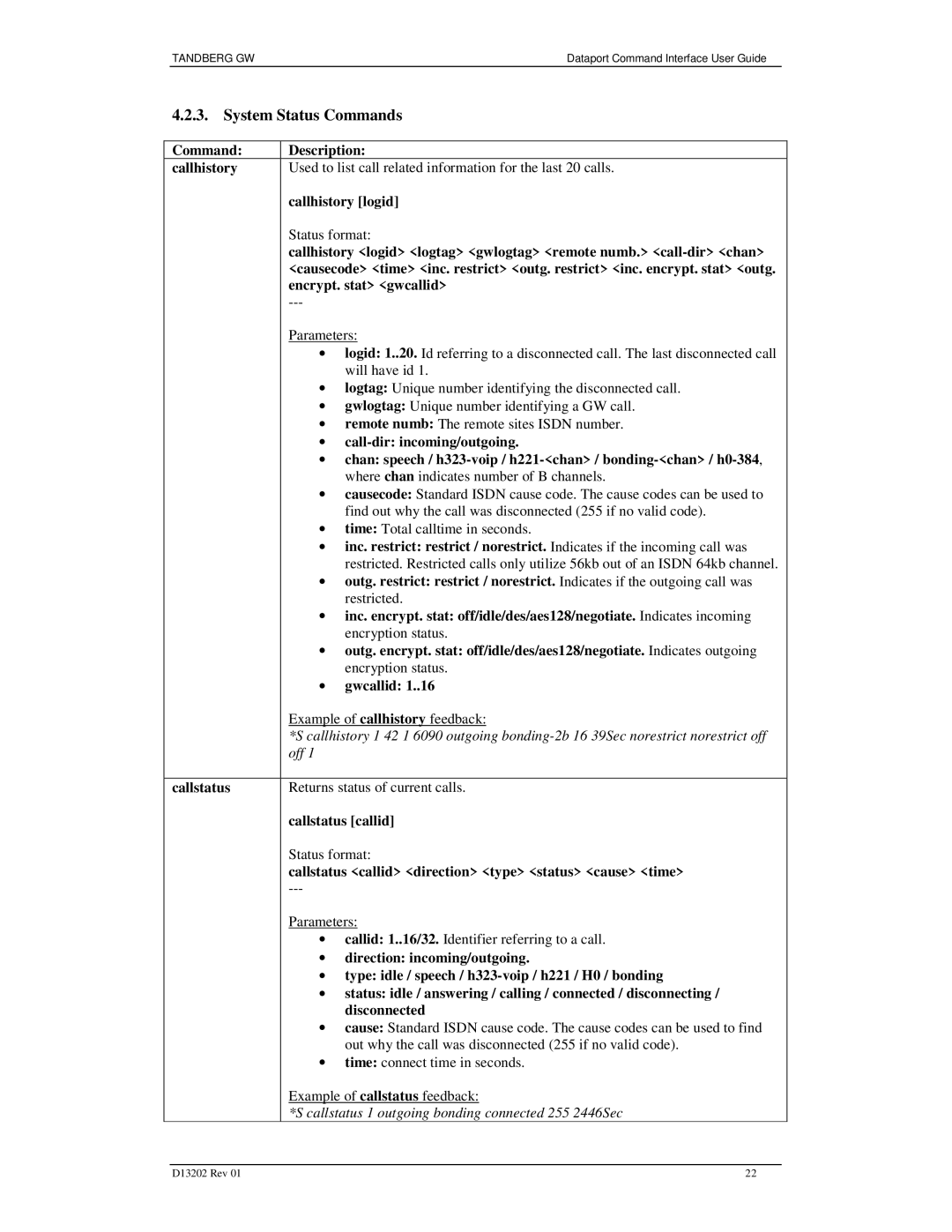 TANDBERG D13202 manual System Status Commands 