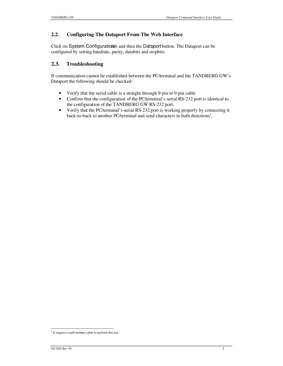 TANDBERG D13202 manual Configuring The Dataport From The Web Interface, Troubleshooting 