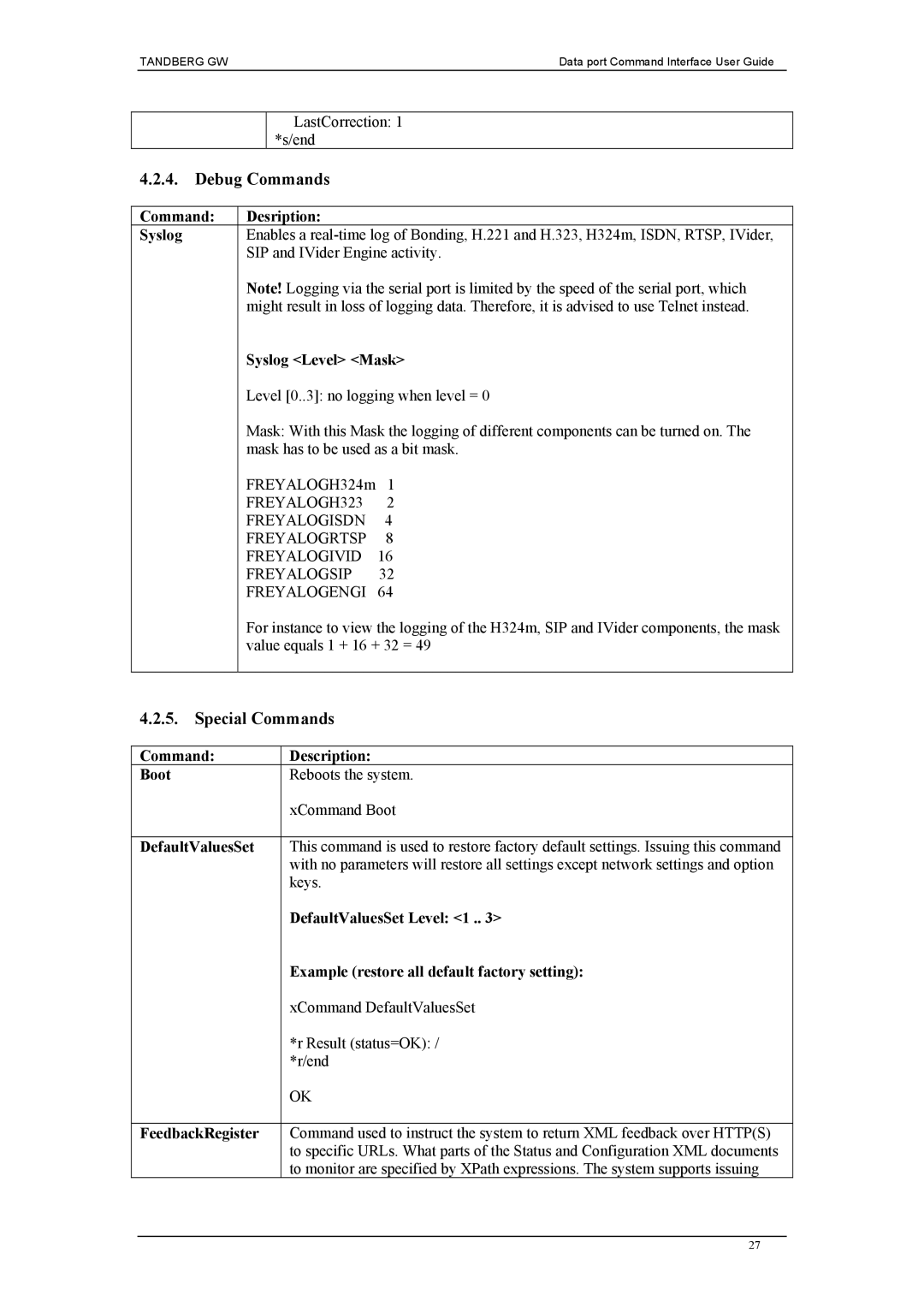 TANDBERG D1320202 manual Debug Commands, Special Commands 