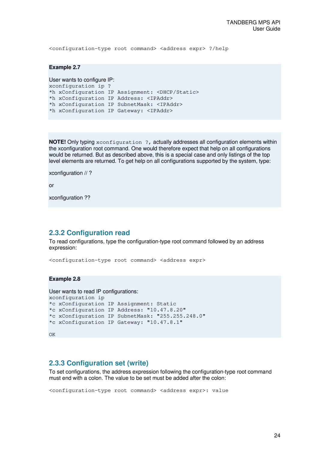 TANDBERG D13639 manual Configuration read, Configuration set write, Xconfiguration // ? Xconfiguration ?? 