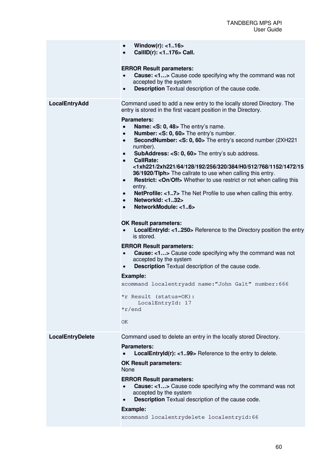 TANDBERG D13639 manual LocalEntryAdd LocalEntryDelete, Windowr CallIDr 1..176 Call Error Result parameters 