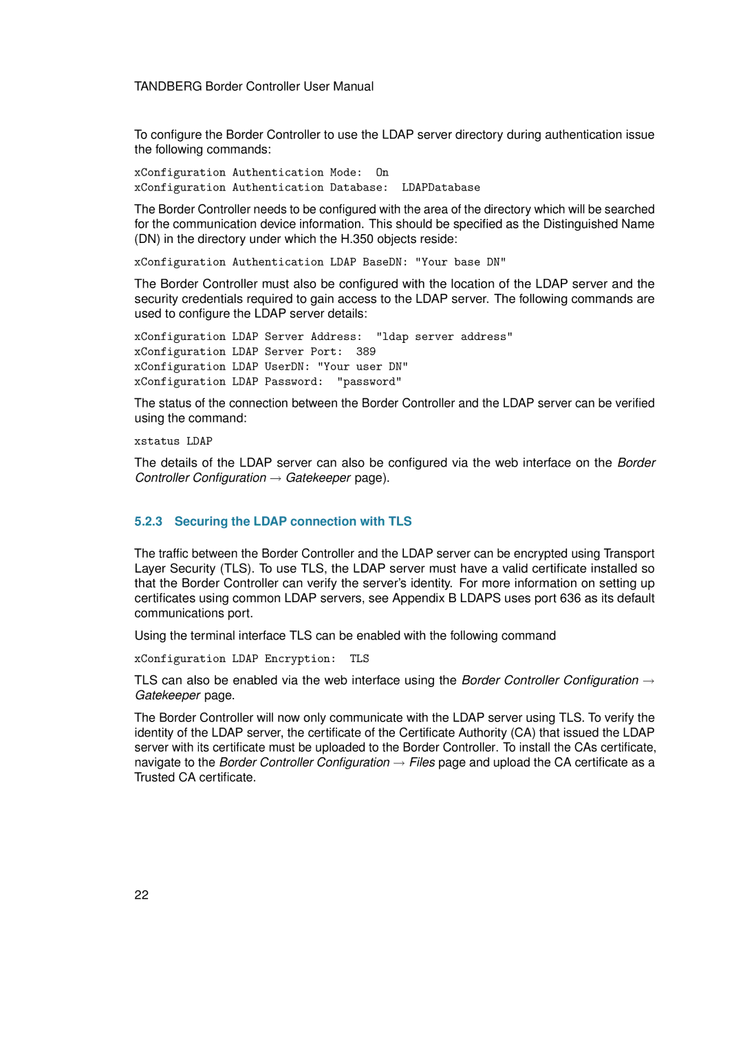 TANDBERG D13691.03 user manual Securing the Ldap connection with TLS 