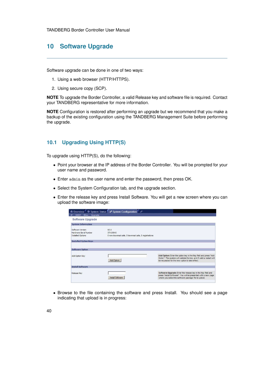 TANDBERG D13691.03 user manual Software Upgrade, Upgrading Using Https 