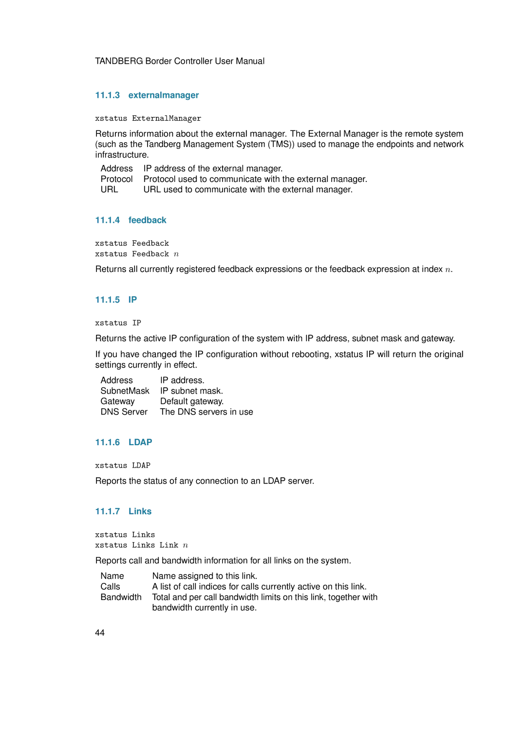 TANDBERG D13691.03 user manual Externalmanager, Feedback, 11.1.5 IP, Ldap, Links 