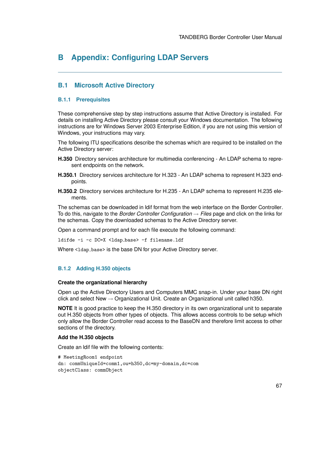 TANDBERG D13691.03 Appendix Conﬁguring Ldap Servers, Microsoft Active Directory, Prerequisites, Adding H.350 objects 