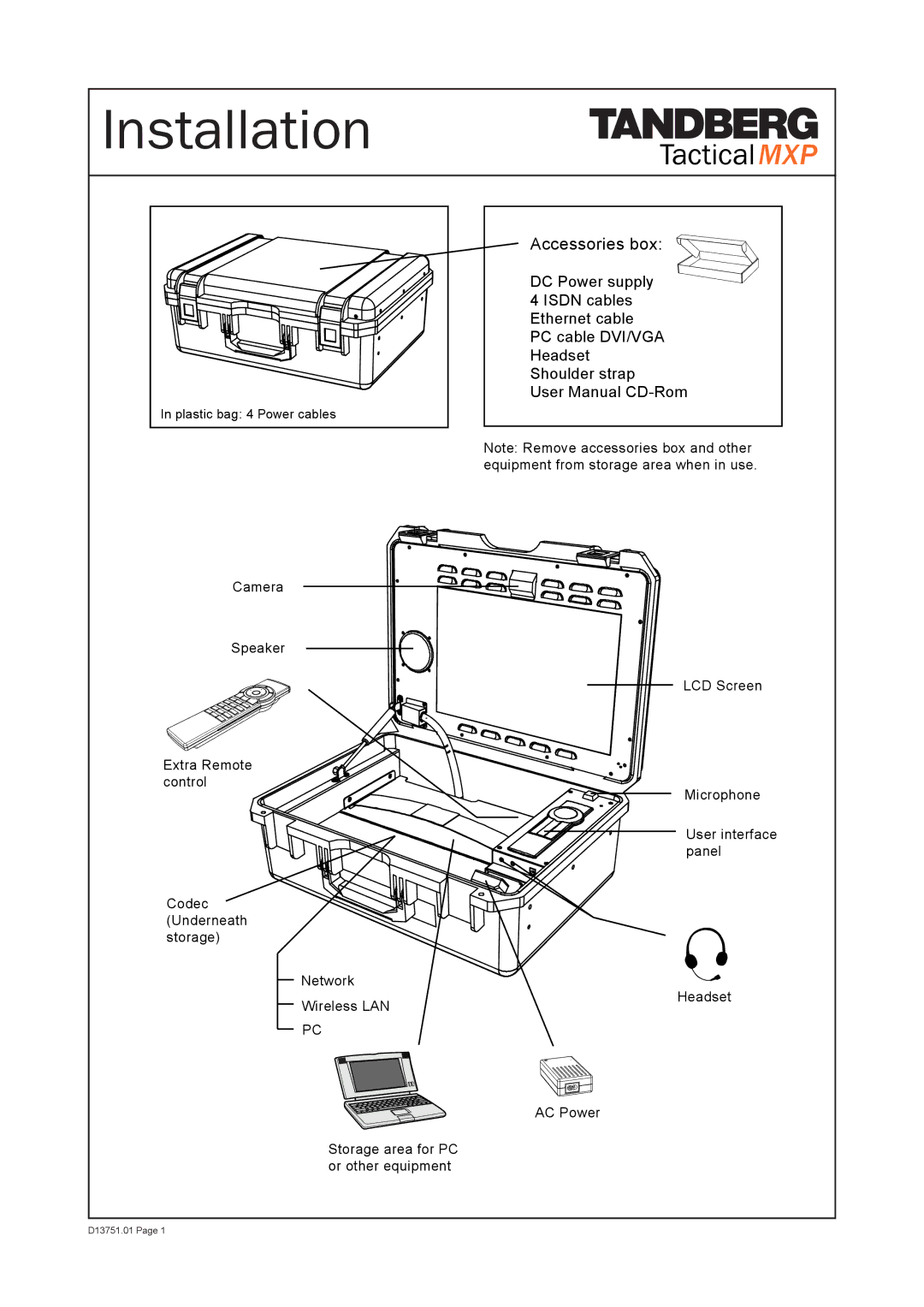 TANDBERG D13751.01 user manual Installation, Tactical MXP, Accessories box 