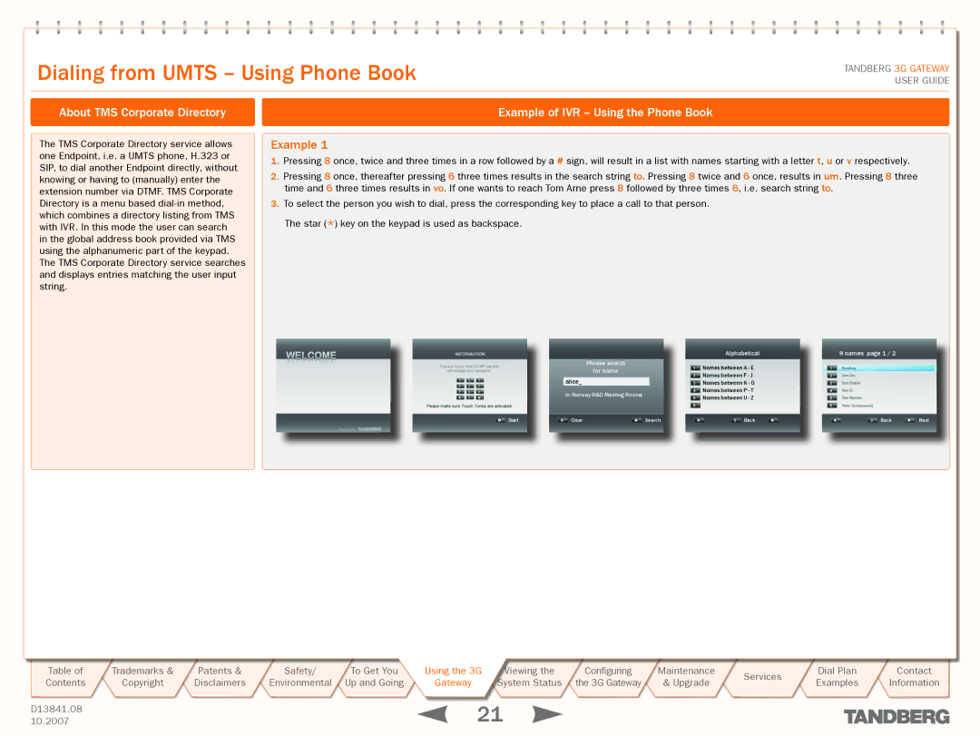 TANDBERG D13841.08 Dialing from Umts Using Phone Book, About TMS Corporate Directory, Example of IVR Using the Phone Book 