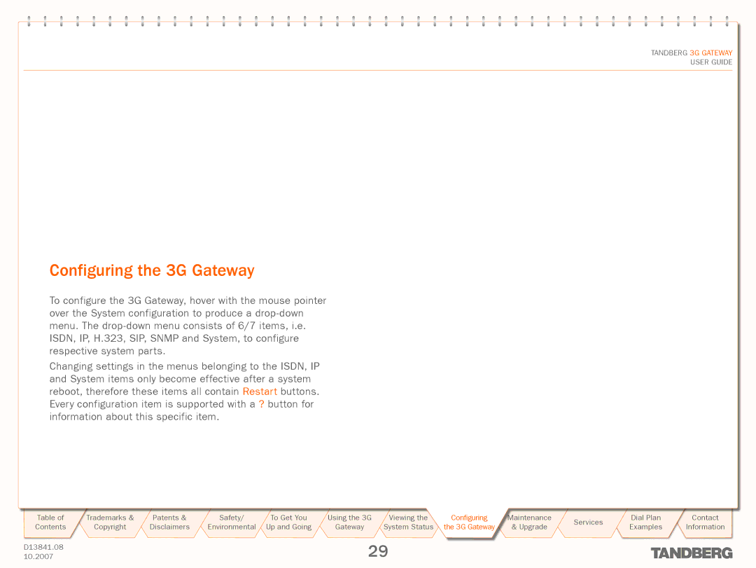 TANDBERG D13841.08 manual Configuring the 3G Gateway, TANDBERG3G3GGatewayateway 