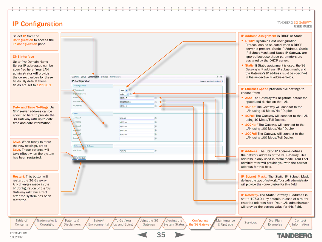 TANDBERG D13841.08 manual IP Configuration, DNS Interface, IP Address Assignment is Dhcp or Static 