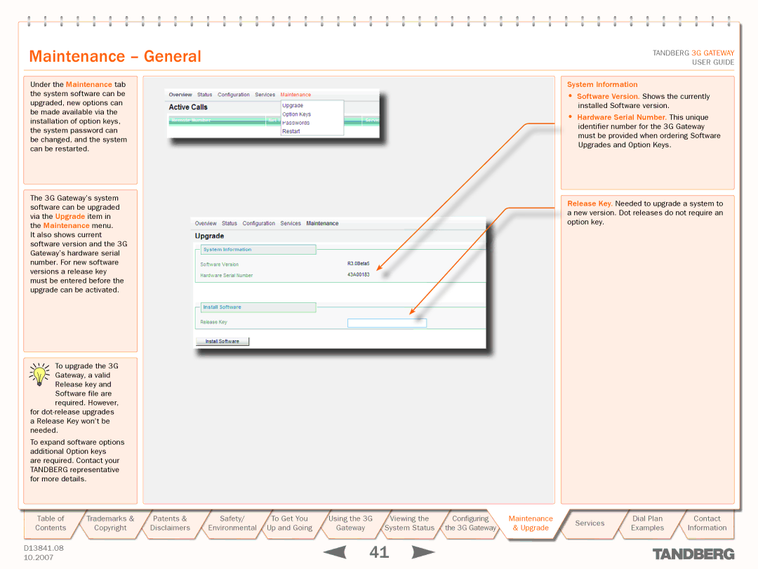 TANDBERG D13841.08 manual Maintenance General, For dot-release upgrades a Release Key won’t be needed 