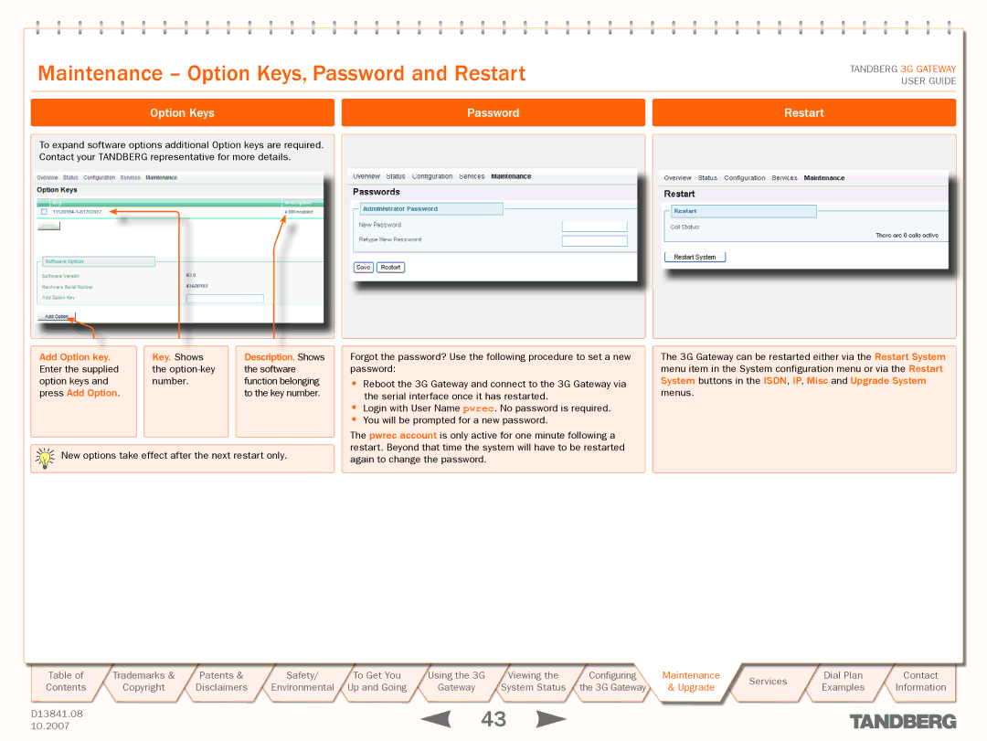 TANDBERG D13841.08 manual Maintenance Option Keys, Password and Restart, Option Keys Password Restart, Press Add Option 