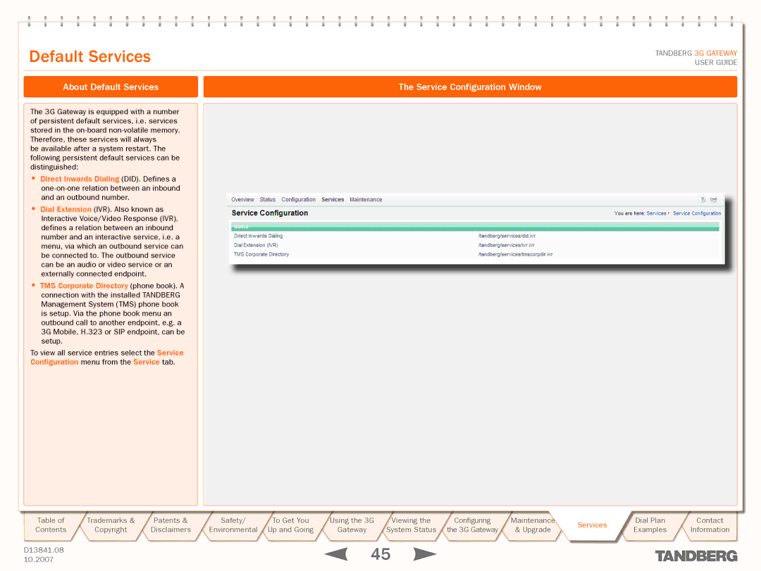 TANDBERG D13841.08 manual About Default Services Service Configuration Window, Configuration menu from the Service tab 