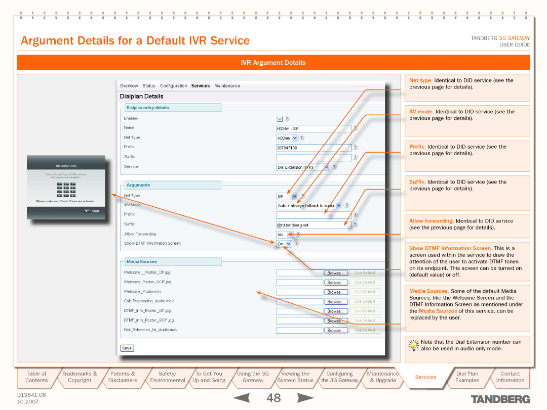 TANDBERG D13841.08 manual Argument Details for a Default IVR Service, IVR Argument Details 