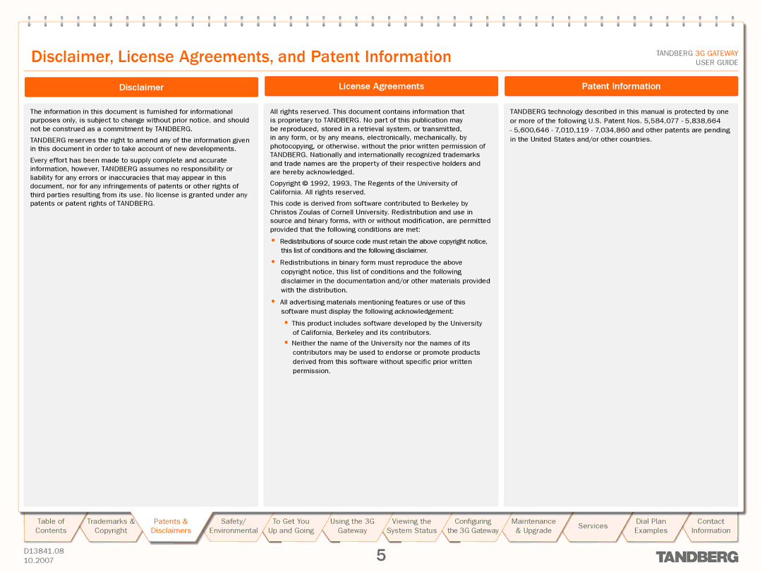 TANDBERG D13841.08 manual Disclaimer License Agreements Patent Information 