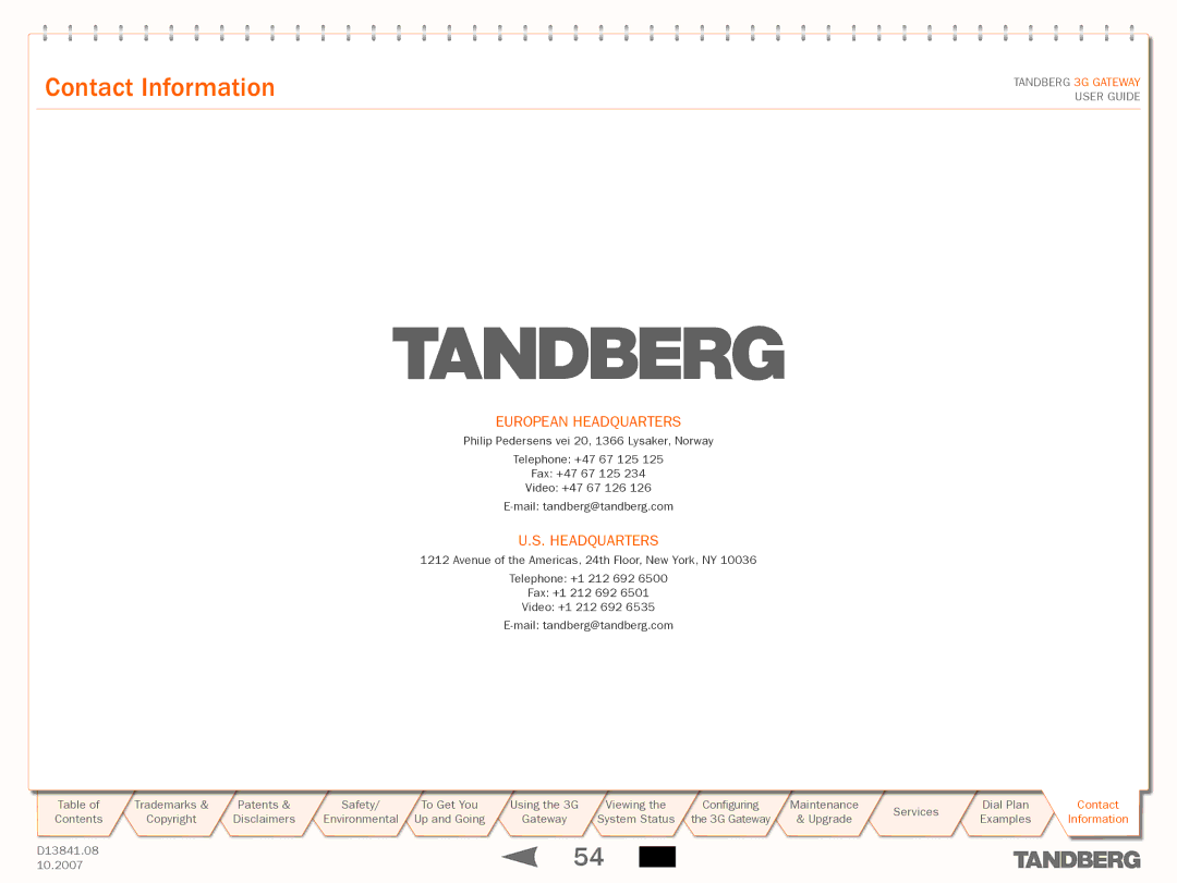 TANDBERG D13841.08 manual Contact Information 