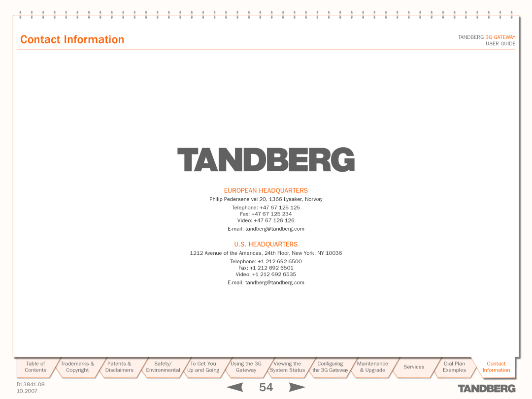 TANDBERG D13841.08 manual Contact Information, Useruserguideguide, 10.2007 