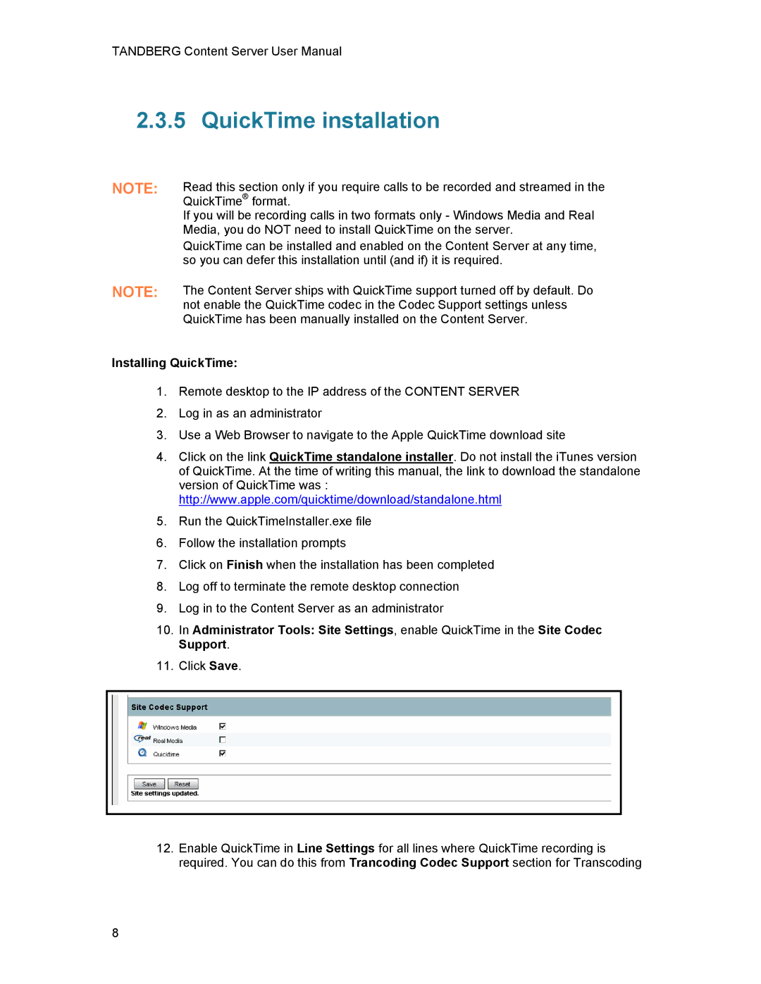 TANDBERG D1389801 user manual QuickTime installation, Installing QuickTime 