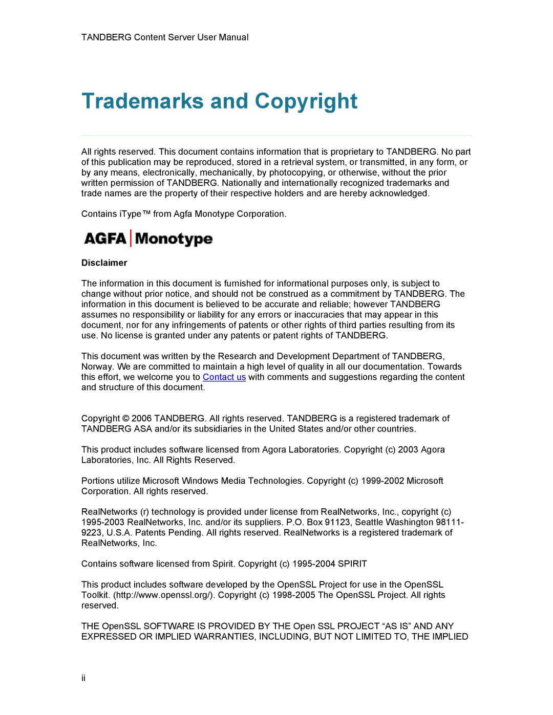 TANDBERG D1389801 user manual Trademarks and Copyright, Disclaimer 