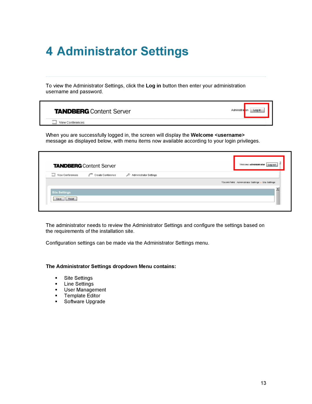 TANDBERG D1389801 user manual Administrator Settings dropdown Menu contains 