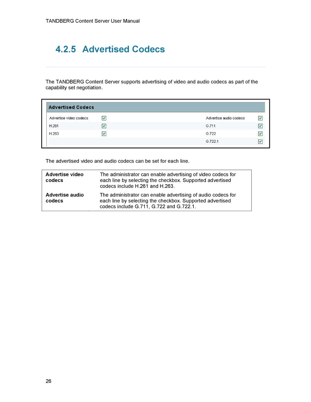 TANDBERG D1389801 user manual Advertised Codecs 