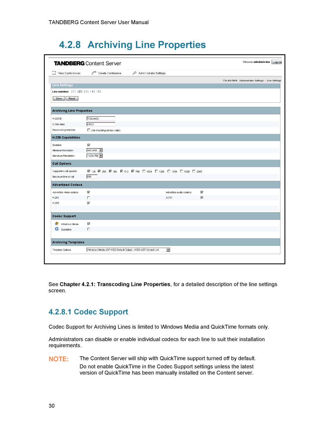 TANDBERG D1389801 user manual Archiving Line Properties, Codec Support 