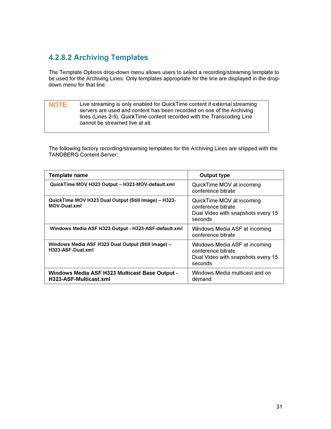 TANDBERG D1389801 user manual Archiving Templates, Windows Media ASF H323 Multicast Base Output, H323-ASF-Multicast.xml 