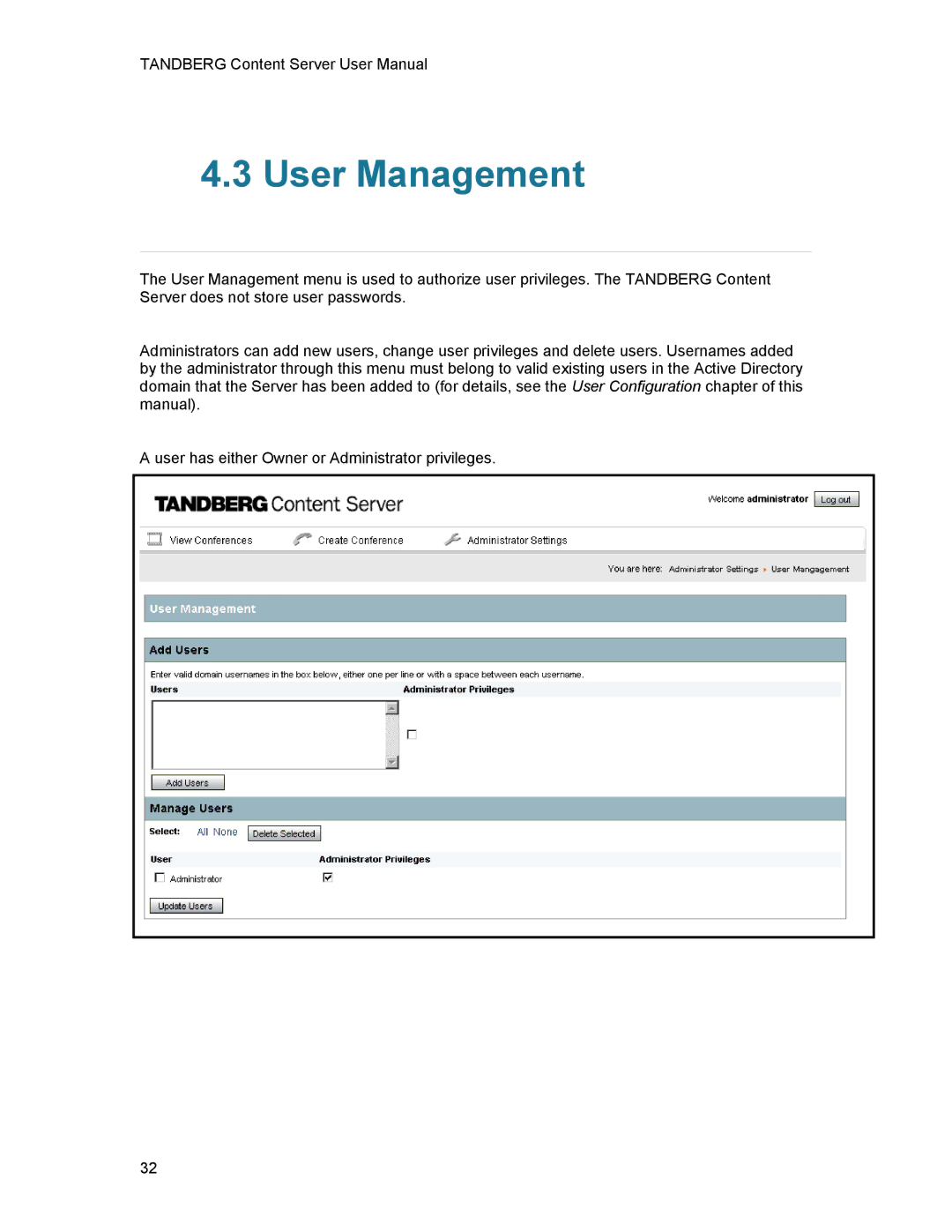 TANDBERG D1389801 user manual User Management 