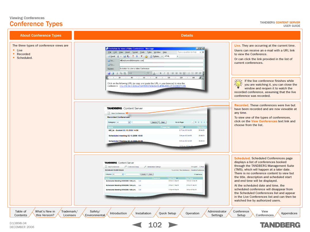 TANDBERG D13898.04 manual 102, About Conference Types Details 