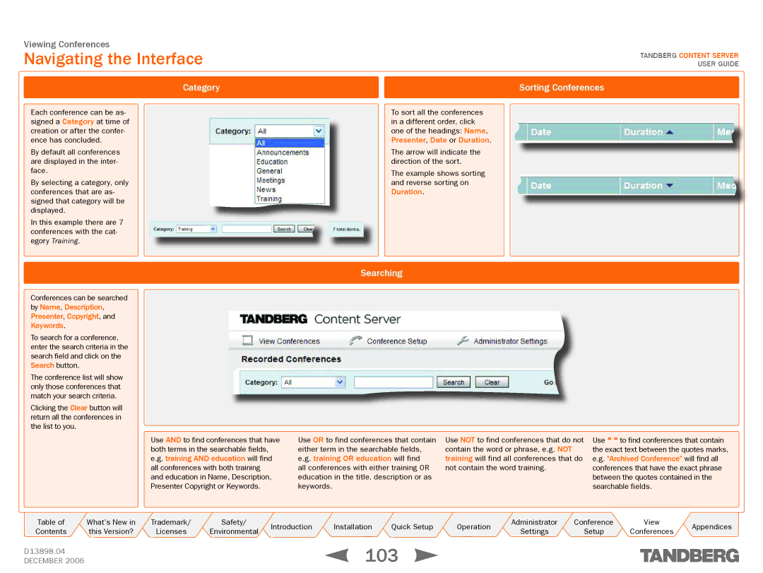 TANDBERG D13898.04 manual 103, Navigating the Interface, Category Sorting Conferences, Searching 