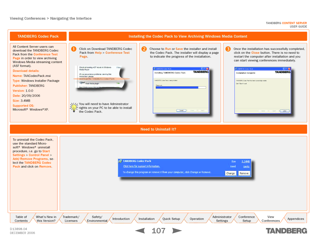 TANDBERG D13898.04 manual 107, Tandberg Codec Pack, Need to Uninstall It? 