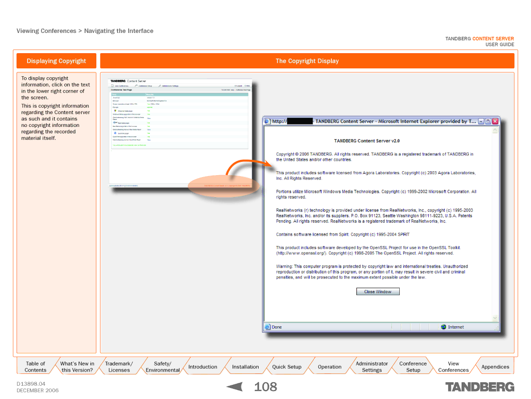 TANDBERG D13898.04 manual 108, Displaying Copyright, Copyright Display 