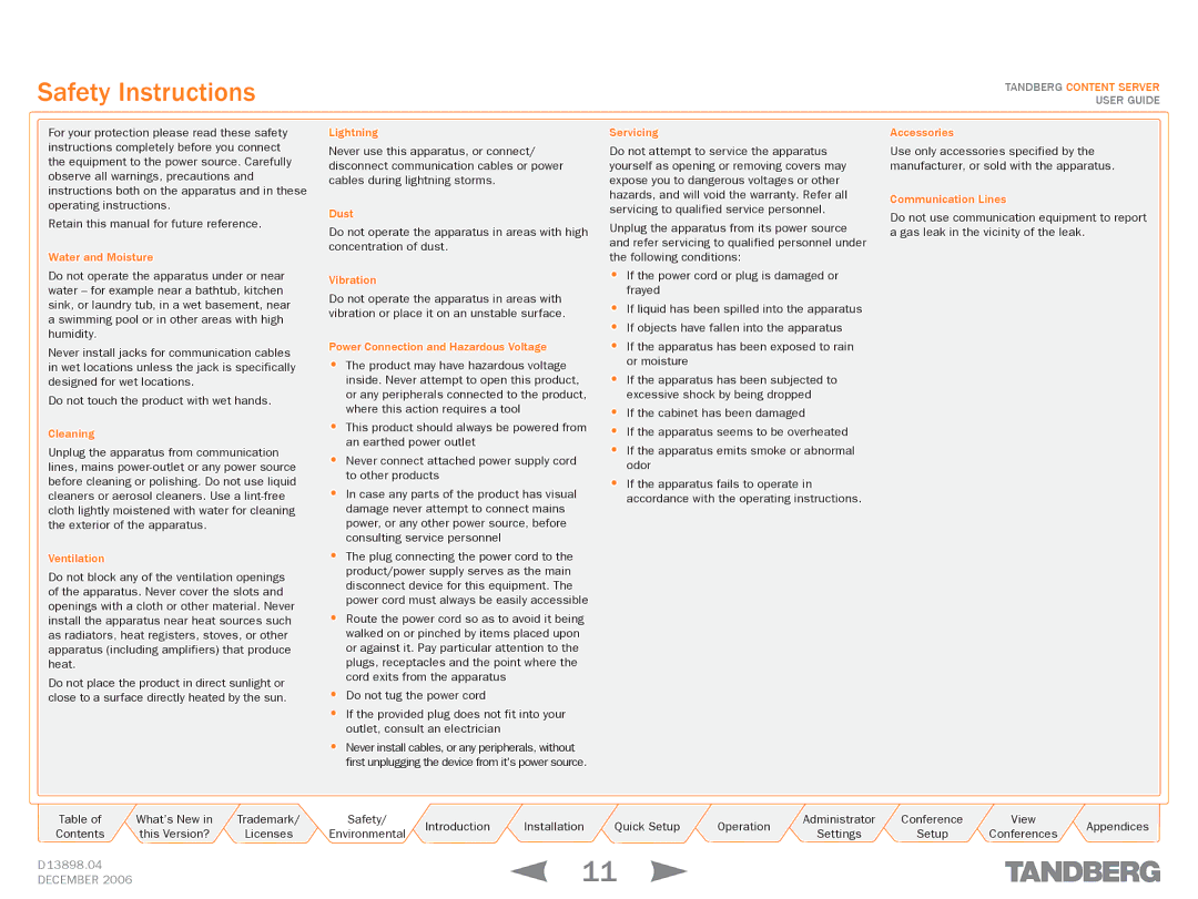 TANDBERG D13898.04 manual Safety Instructions 