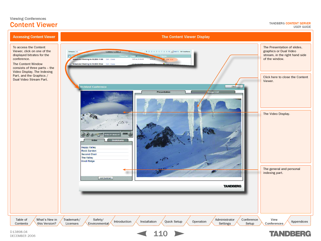 TANDBERG D13898.04 manual 110, Accessing Content Viewer, Content Viewer Display 