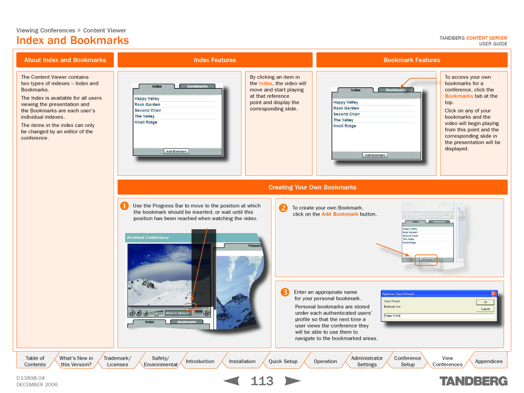 TANDBERG D13898.04 manual 113, Index and Bookmarks 