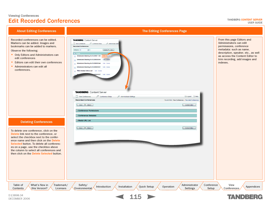 TANDBERG D13898.04 manual 115, Edit Recorded Conferences, About Editing Conferences, Deleting Conferences 