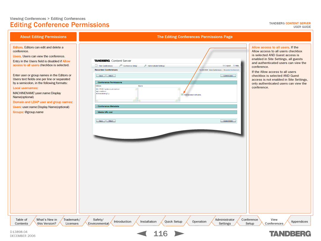 TANDBERG D13898.04 manual 116, Editing Conference Permissions, About Editing Permissions, Editing Conferences Permissions 