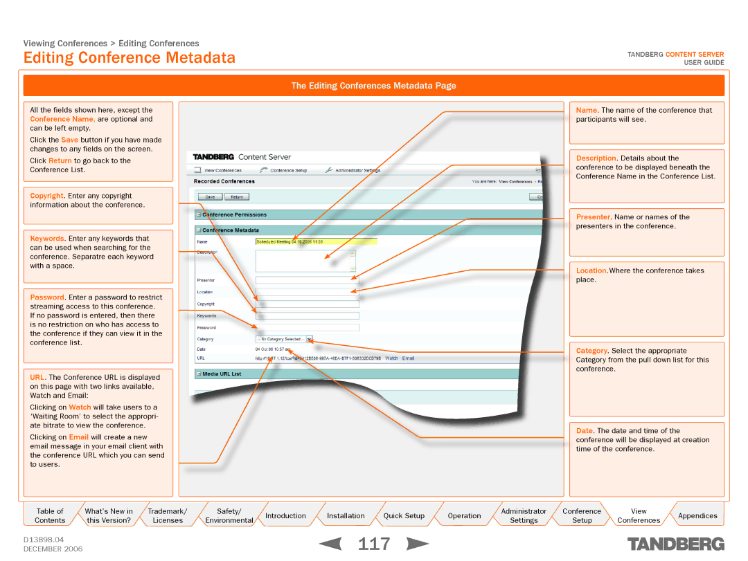 TANDBERG D13898.04 manual 117, Editing Conference Metadata, Editing Conferences Metadata 