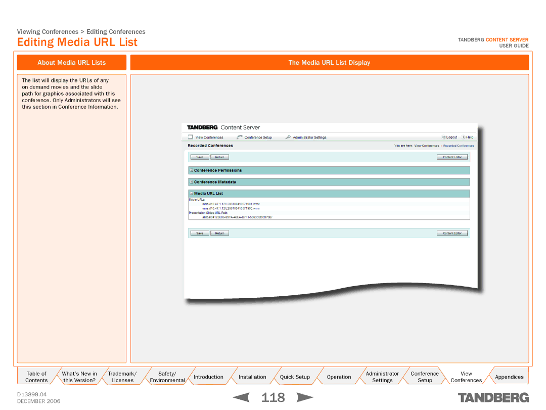 TANDBERG D13898.04 manual 118, Editing Media URL List 