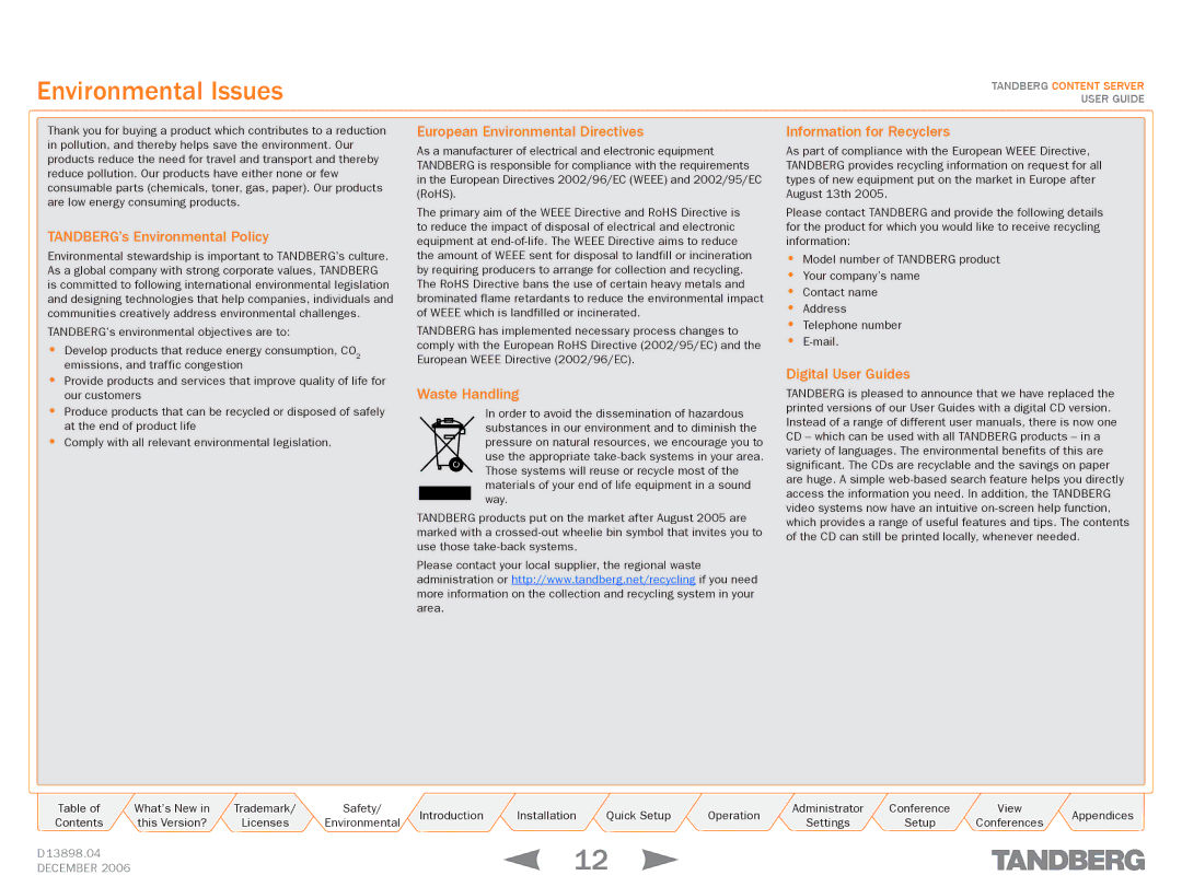 TANDBERG D13898.04 manual Environmental Issues, TANDBERG’s Environmental Policy 